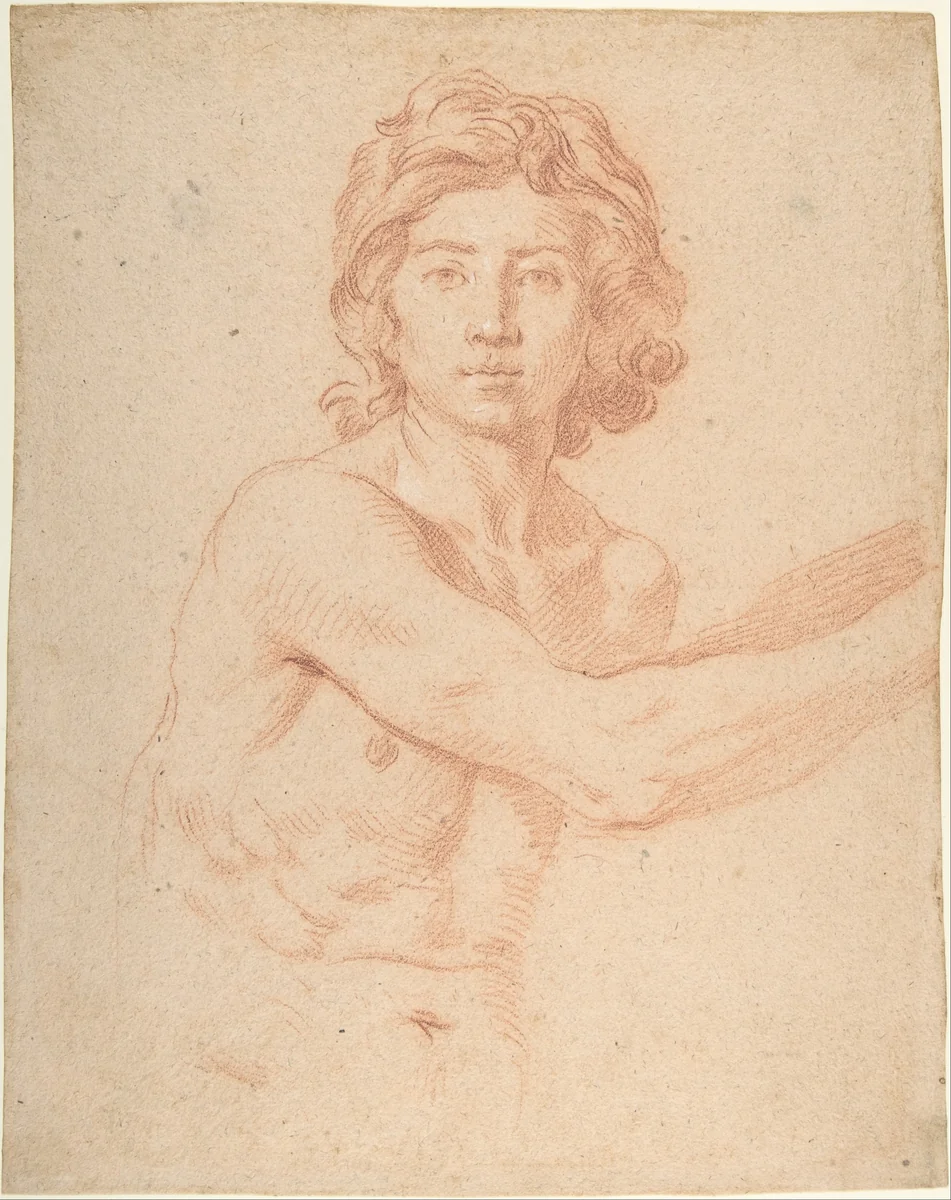 Half-Figure of a Youth with His Right Arm Raised by Simone Cantarini, drawing, 1612-1648