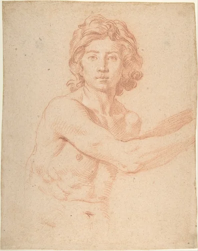 Half-Figure of a Youth with His Right Arm Raised by Simone Cantarini, drawing, 1612-1648