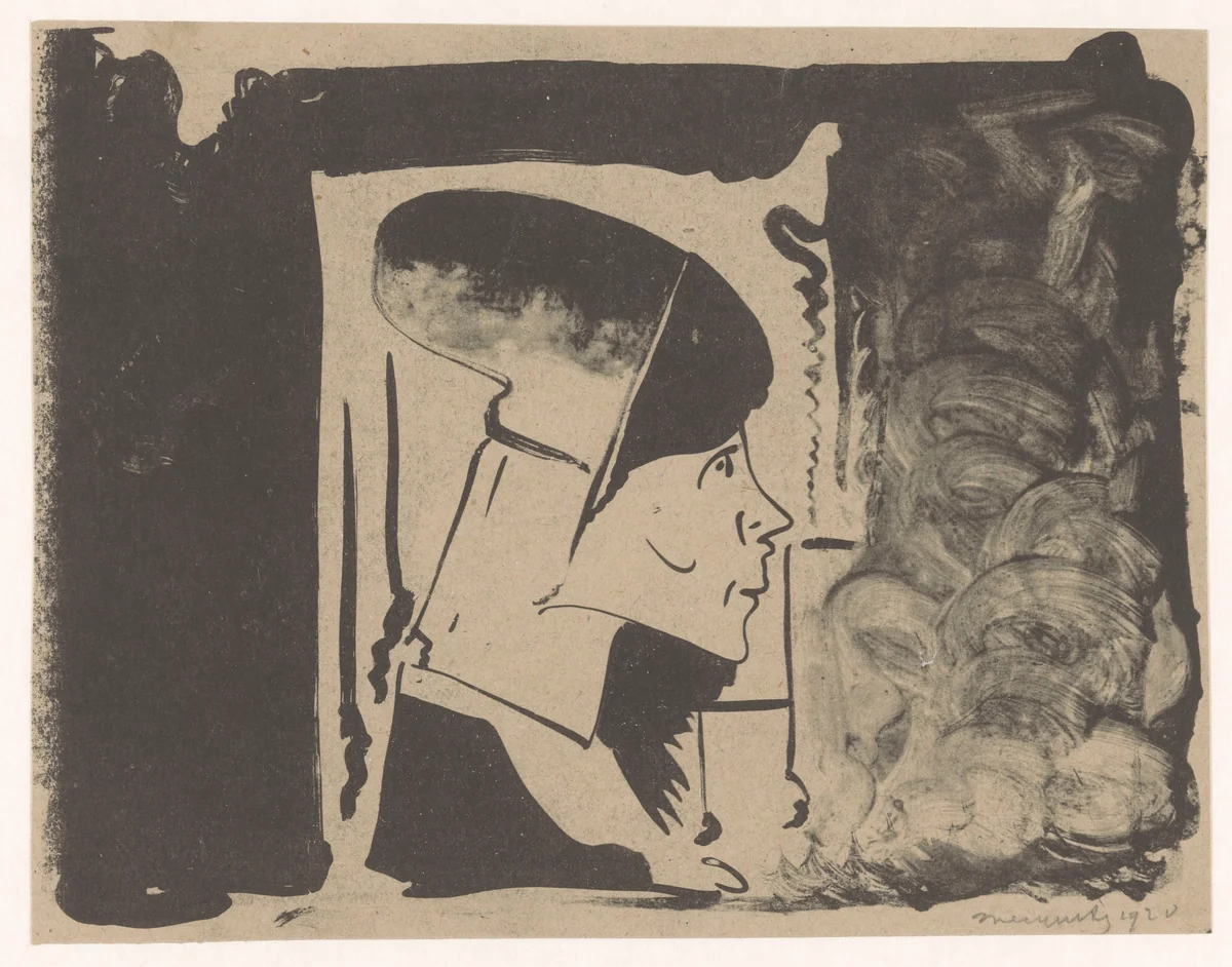 Fantasie: profielkop naar rechts in een witte rechthoek, omgeven door zwart (rechtsonder is het zwart gewassen) by Samuel Jessurun de Mesquita, print, 1920