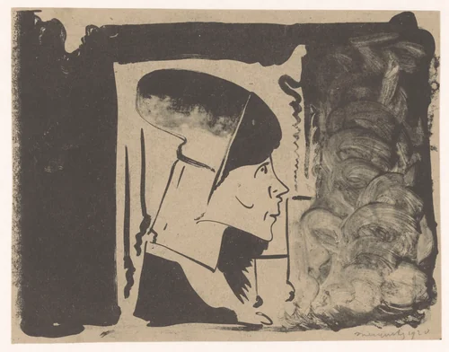 Fantasie: profielkop naar rechts in een witte rechthoek, omgeven door zwart (rechtsonder is het zwart gewassen) by Samuel Jessurun de Mesquita, print, 1920