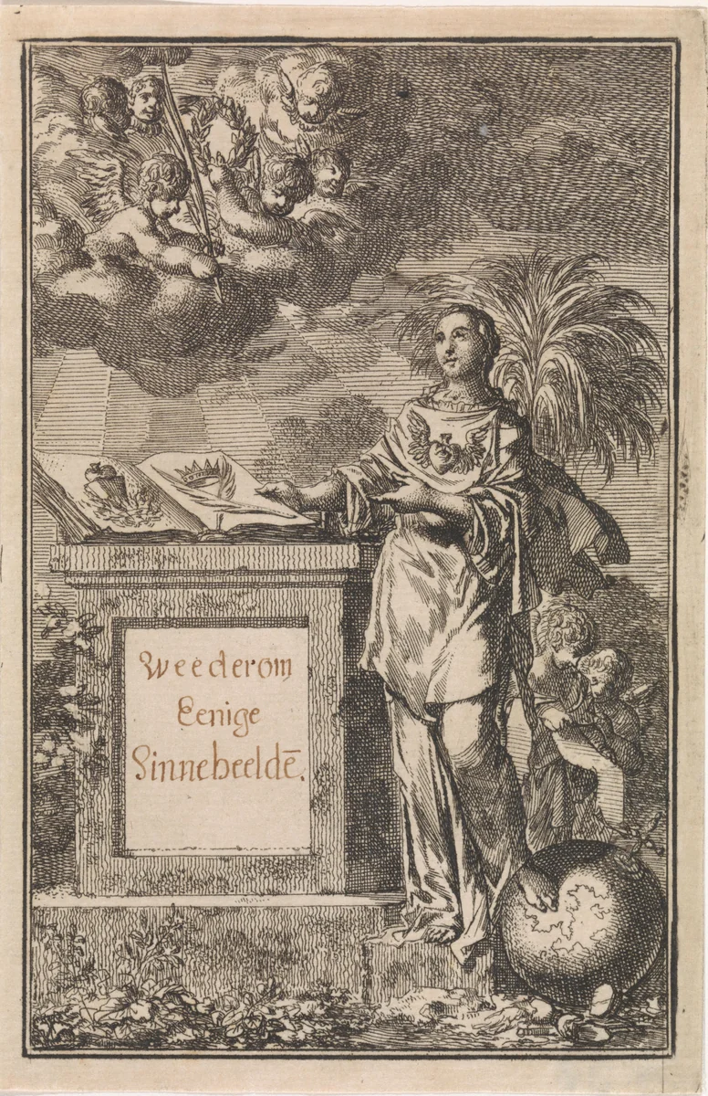 Vrouw toont een opengeslagen boek en ontvangt een palmtak en een krans by Jan Luyken, print, 1710