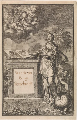 Vrouw toont een opengeslagen boek en ontvangt een palmtak en een krans by Jan Luyken, print, 1710
