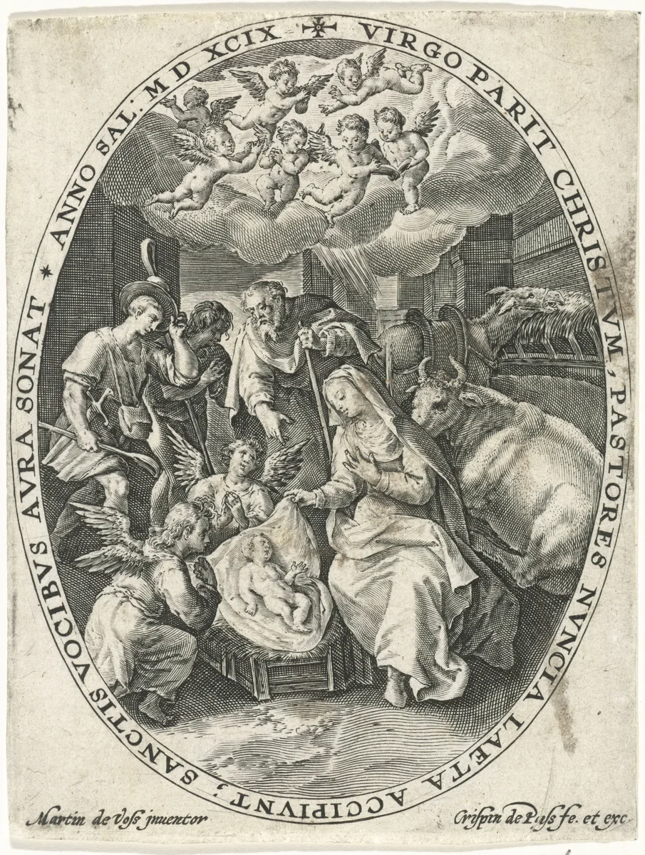 Aanbidding door de herders by Unknown, print, 1574-1637