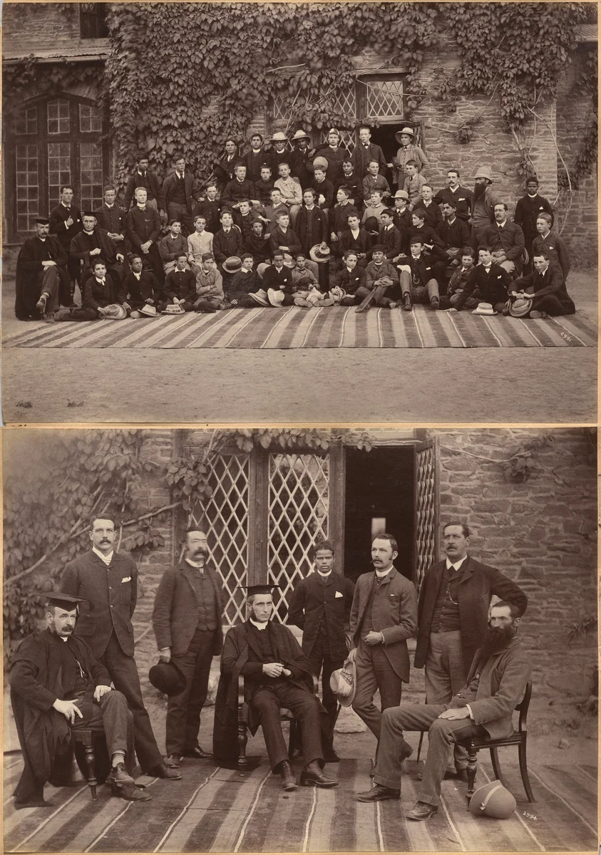 Principal and Teachers of Bishop Cotton School, Shimla (recto); Middle Class Students and Staff, Bishop Cotton School, Shimla (verso) by Raja Deen Dayal, photograph, 1877-1892