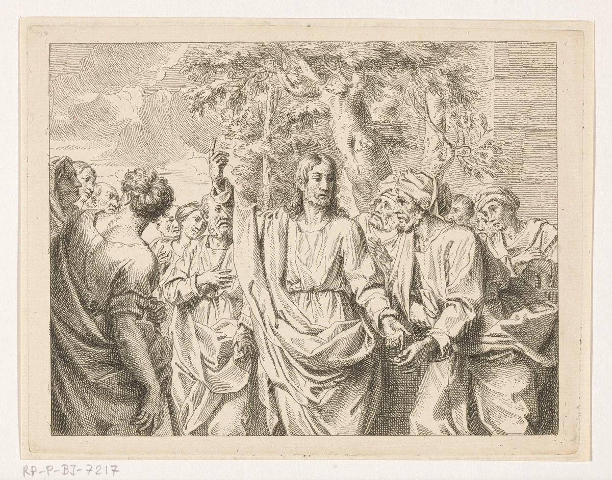 Christus predikt tussen het volk by Louis Fabritius Dubourg, print, 1713-1775