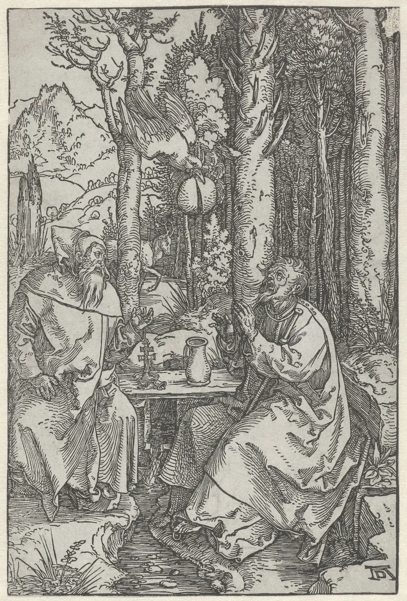 De Heilige Antonius bezoekt Paulus de Kluizenaar in de wildernis by Unknown, print, 1503-1504