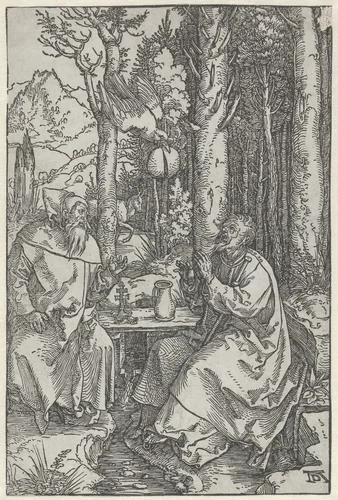 De Heilige Antonius bezoekt Paulus de Kluizenaar in de wildernis by Unknown, print, 1503-1504
