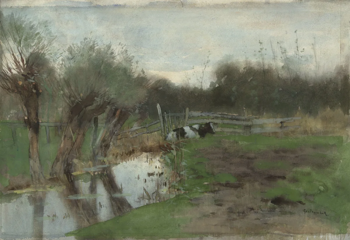 Weiland met liggende koe bij een sloot by Geo Poggenbeek, drawing, 1863-1895