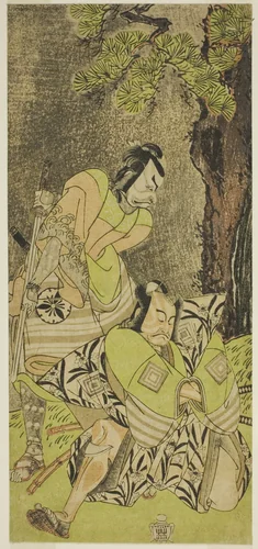 The Actors Ichikawa Danzo III as I no Hayata Tadazumi (right), and Matsumoto Koshiro II as Osada no Taro Kagemune (left), in the Play Nue no Mori Ichiyo no Mato, Performed at the Nakamura Theater in the Eleventh Month, 1770 by Katsukawa Shunsho (勝川 春章), print, 1765-1775