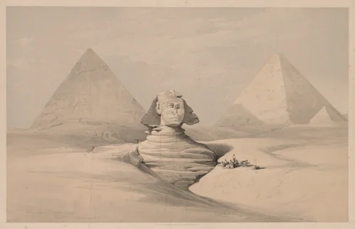Egypt and Nubia: Volume I - No. 18, The Great Sphinx, Pyramids of Gizeh, Front View by Louis Haghe, print, 1839