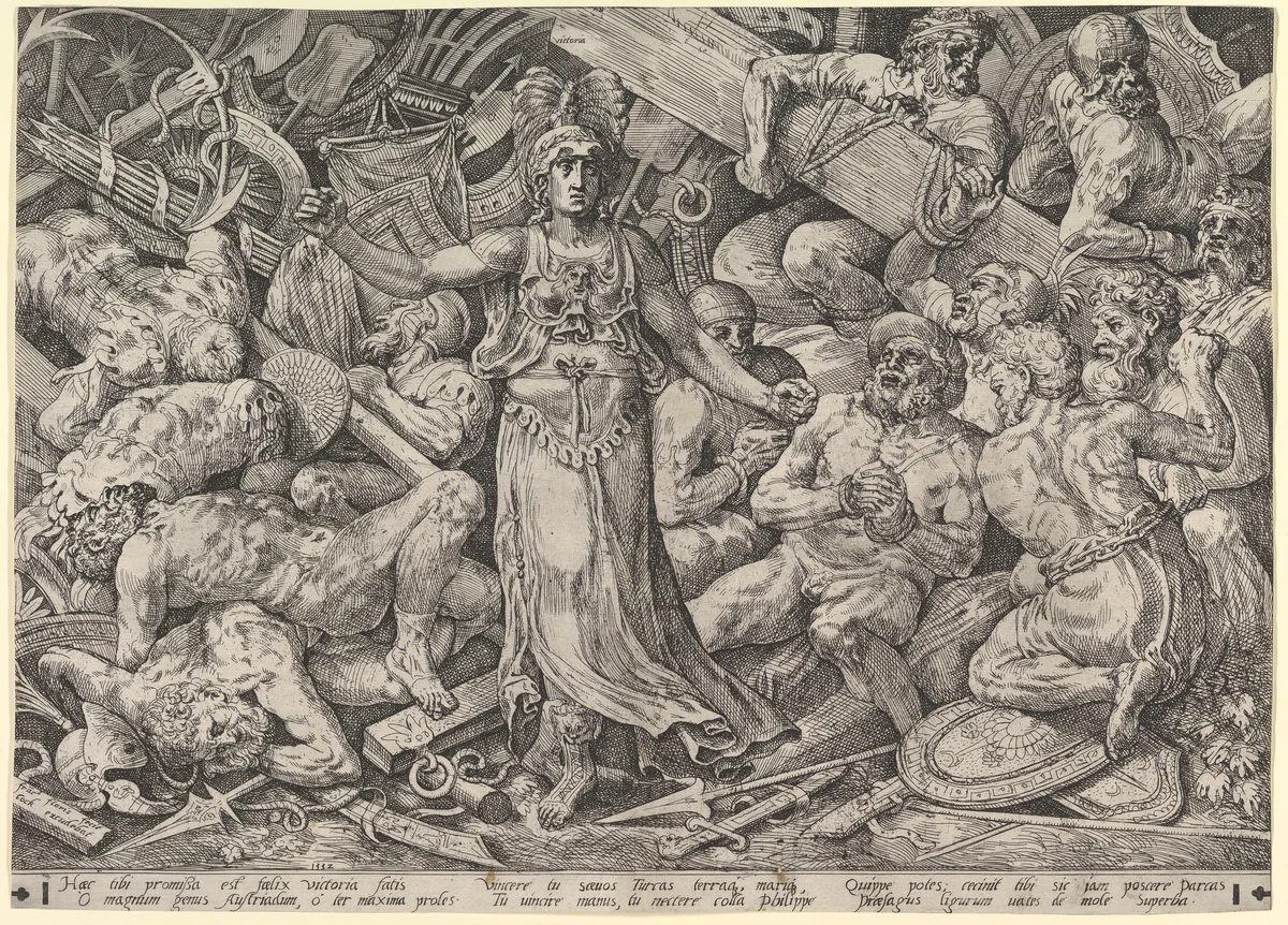 Victory Surrounded by Prisoners and Trophies by Frans Floris, print, 1552