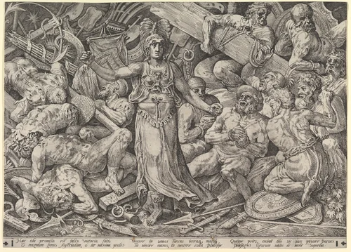 Victory Surrounded by Prisoners and Trophies by Frans Floris, print, 1552
