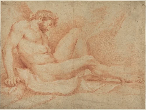 Academic Nude Study of a Seated Male by Andrea Sacchi, drawing, 1599-1661