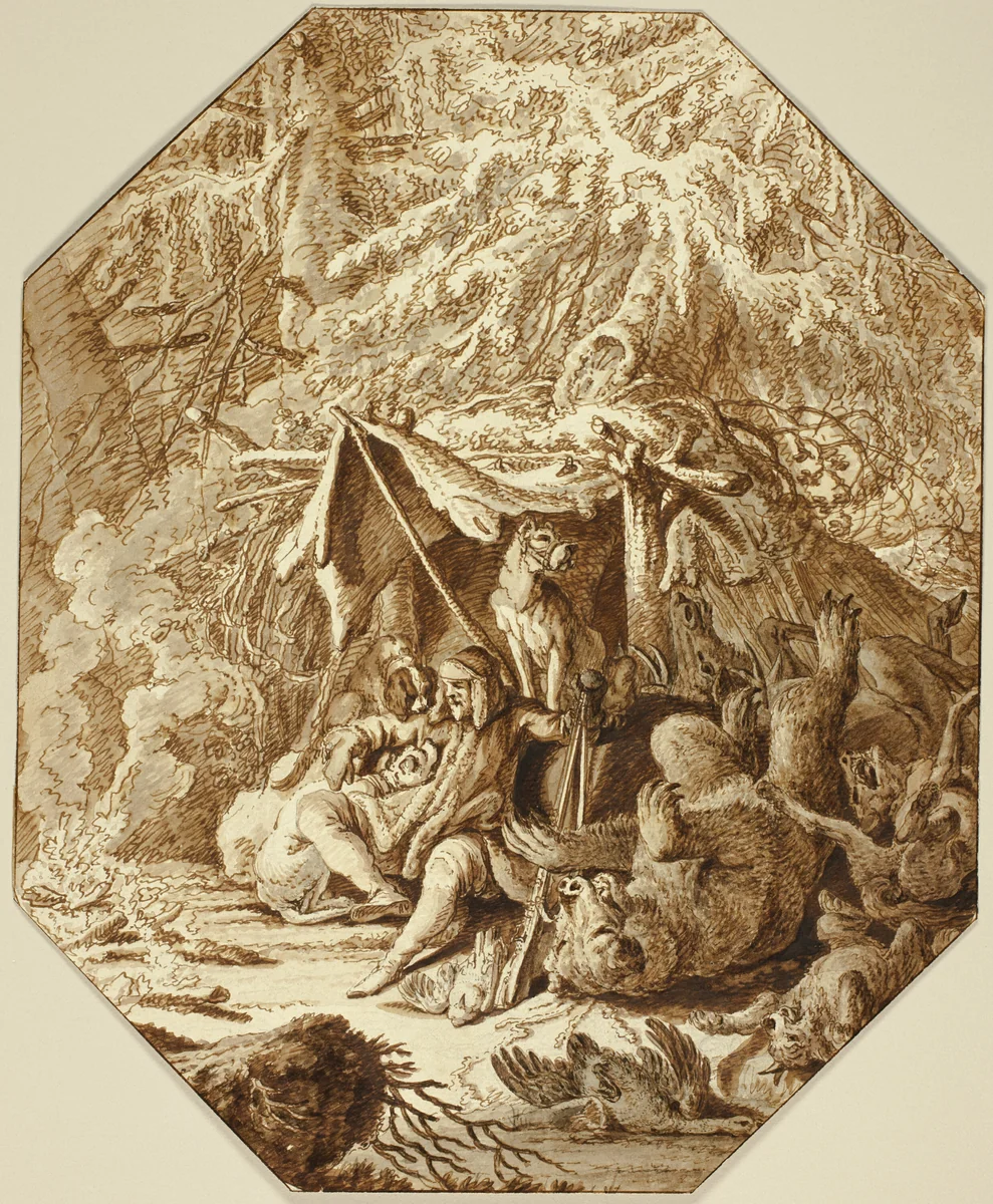 The Daring Hunter, Enduring in Winter by Johann Elias Ridinger, drawing, 1718-1767