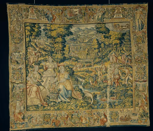 Pluto and Proserpina with Falconry by Adriaen Collaert, textile, 1590-1610