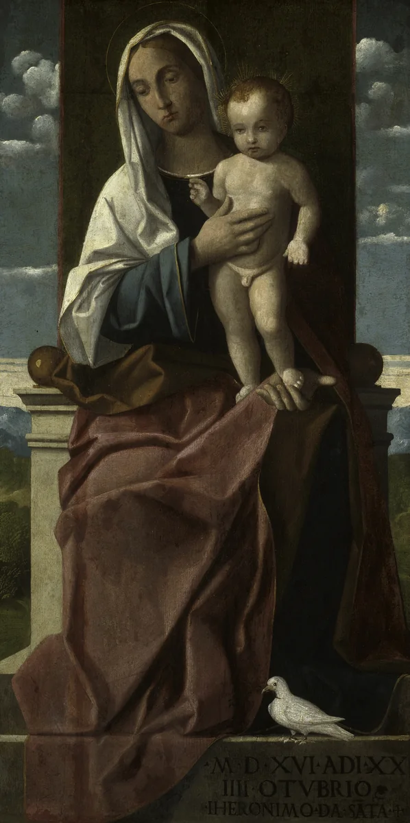 Virgin and Child Enthroned by Girolamo da Santacroce, painting, 1516