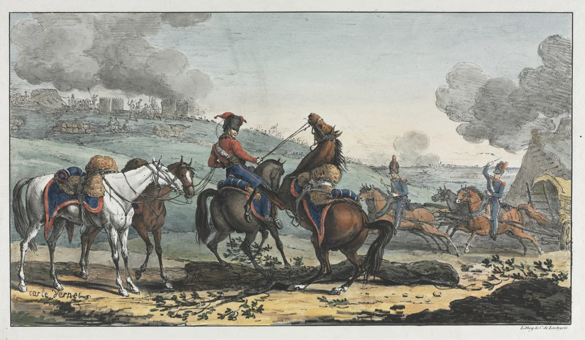 Mounted Artilleryman Leading Three Horses by Carle Vernet, print, 1800-1836
