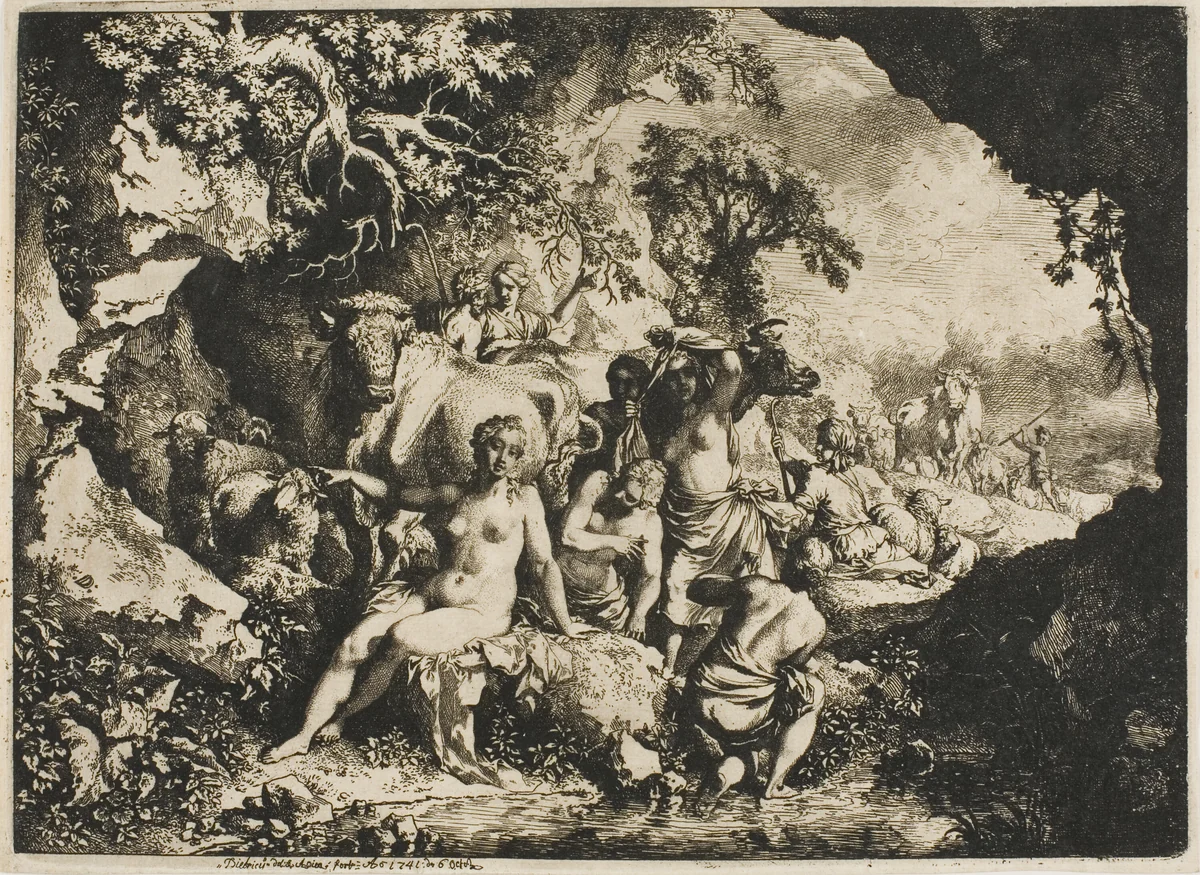 Nymphs Bathing Near a Cave by Christian Wilhelm Ernst Dietrich, print, 1741
