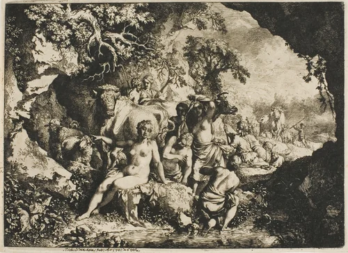 Nymphs Bathing Near a Cave by Christian Wilhelm Ernst Dietrich, print, 1741