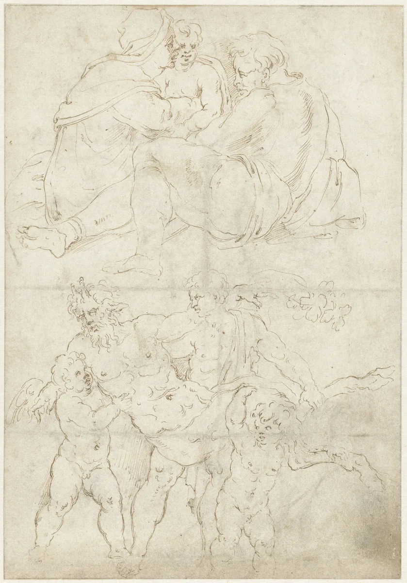 Heilige familie en een sater door twee kinderen en een faun gedragen by Unknown, drawing, 1530-1600