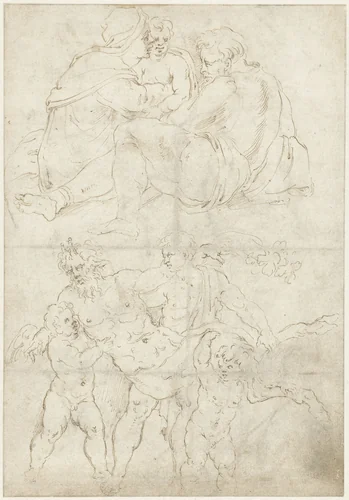 Heilige familie en een sater door twee kinderen en een faun gedragen by Unknown, drawing, 1530-1600