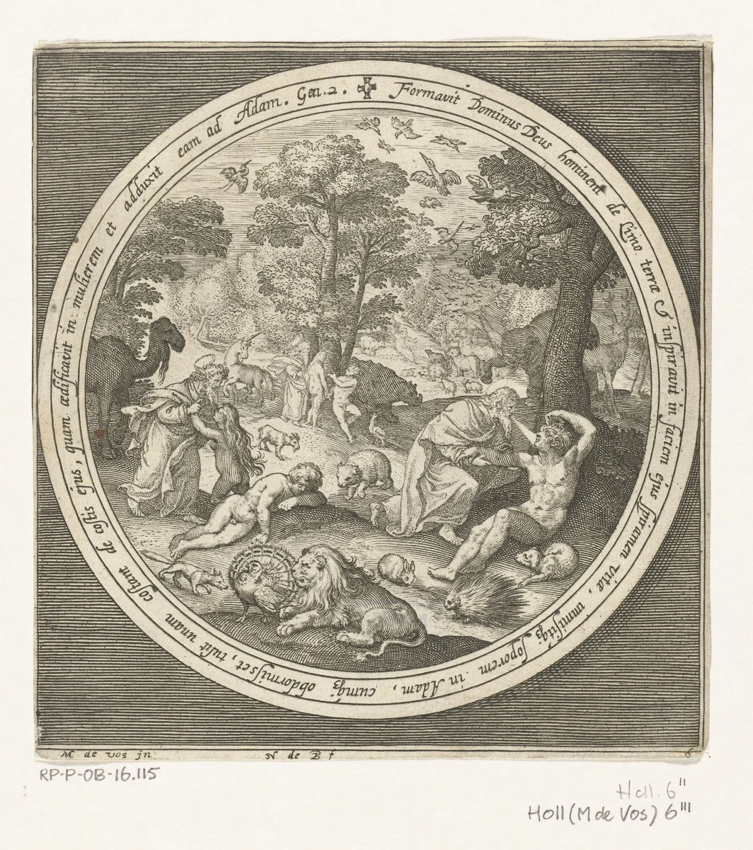 Zesde dag van schepping: God schept de dieren en Adam en Eva by Unknown, print, 1581-1656
