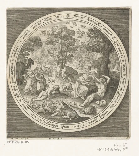 Zesde dag van schepping: God schept de dieren en Adam en Eva by Unknown, print, 1581-1656