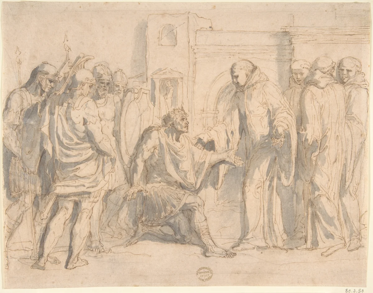 Saint Benedict and King Totila by anonymous, drawing, 1600-1700