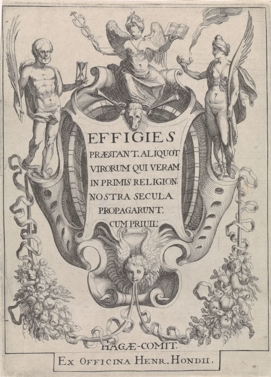 Cartouche met guirlandes en figuren by Simon Frisius, print, 1602-1603