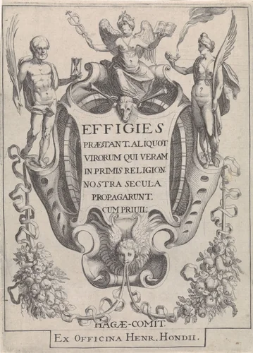Cartouche met guirlandes en figuren by Simon Frisius, print, 1602-1603