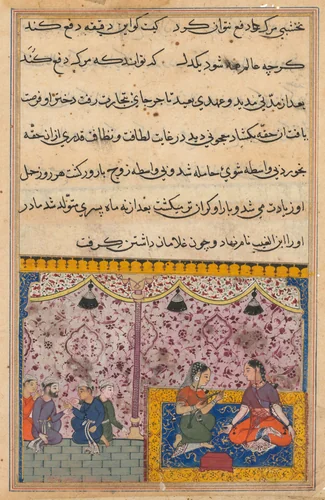 The merchant’s daughter gives birth to a son as a result of eating out of the box. The clever child recognizes the false gems from true, from a Tuti-nama (Tales of a Parrot): Twenty-third Night by Unknown, painting, 1555-1565