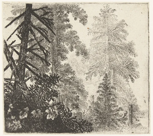 Landschap met de twee sparren by Jan van Brosterhuyzen, print, 1610-1650