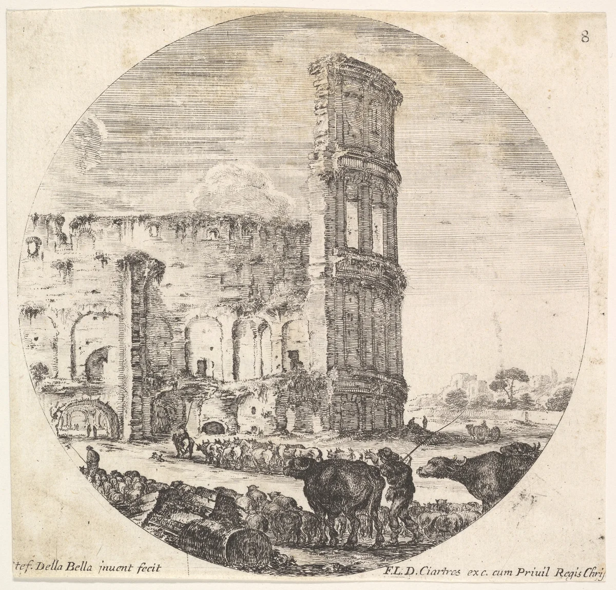 Plate 8: the Colosseum, two herds being directed towards the amphitheater in the foreground, from "Roman landscapes and ruins" (Paysages et ruines de Rome) by Stefano della Bella, print, 1643-1648