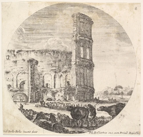 Plate 8: the Colosseum, two herds being directed towards the amphitheater in the foreground, from "Roman landscapes and ruins" (Paysages et ruines de Rome) by Stefano della Bella, print, 1643-1648