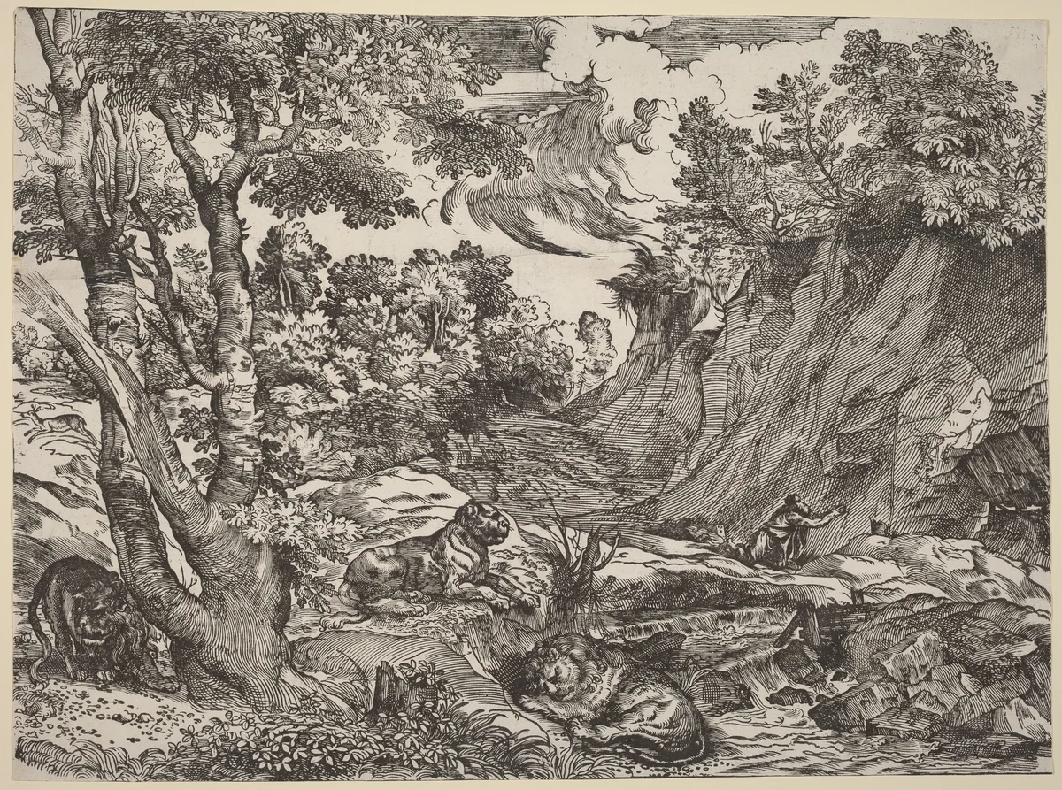 Saint Jerome in the Wilderness by Nicolò Boldrini, print, 1530-1535