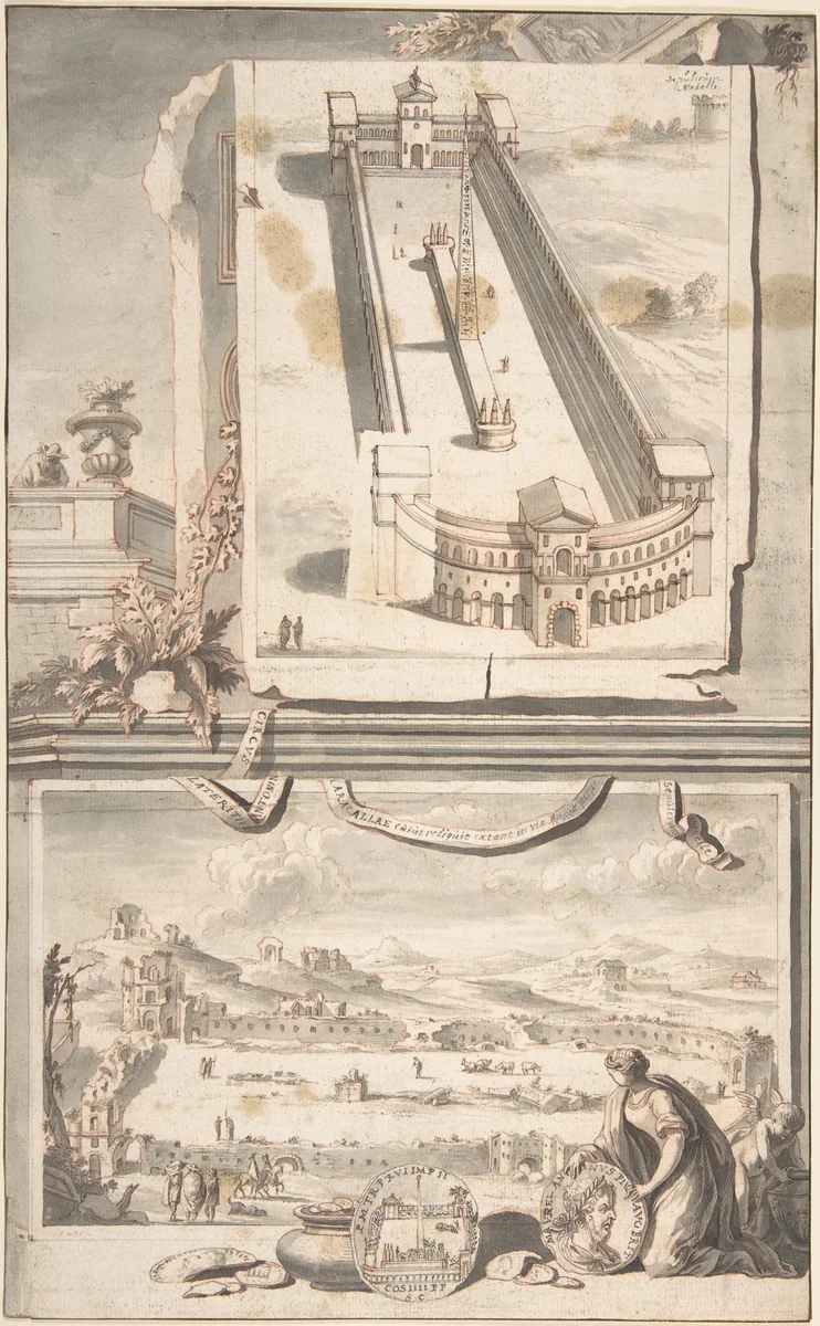 Reconstruction of the Circus of Caracalla (above) and a View of the Ruins (below) by Jan Goeree, drawing, 1690-1704