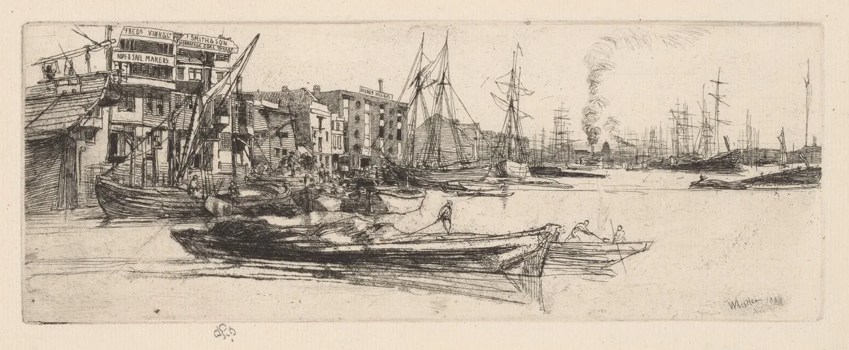 Thames Warehouses by James McNeill Whistler, print, 1859