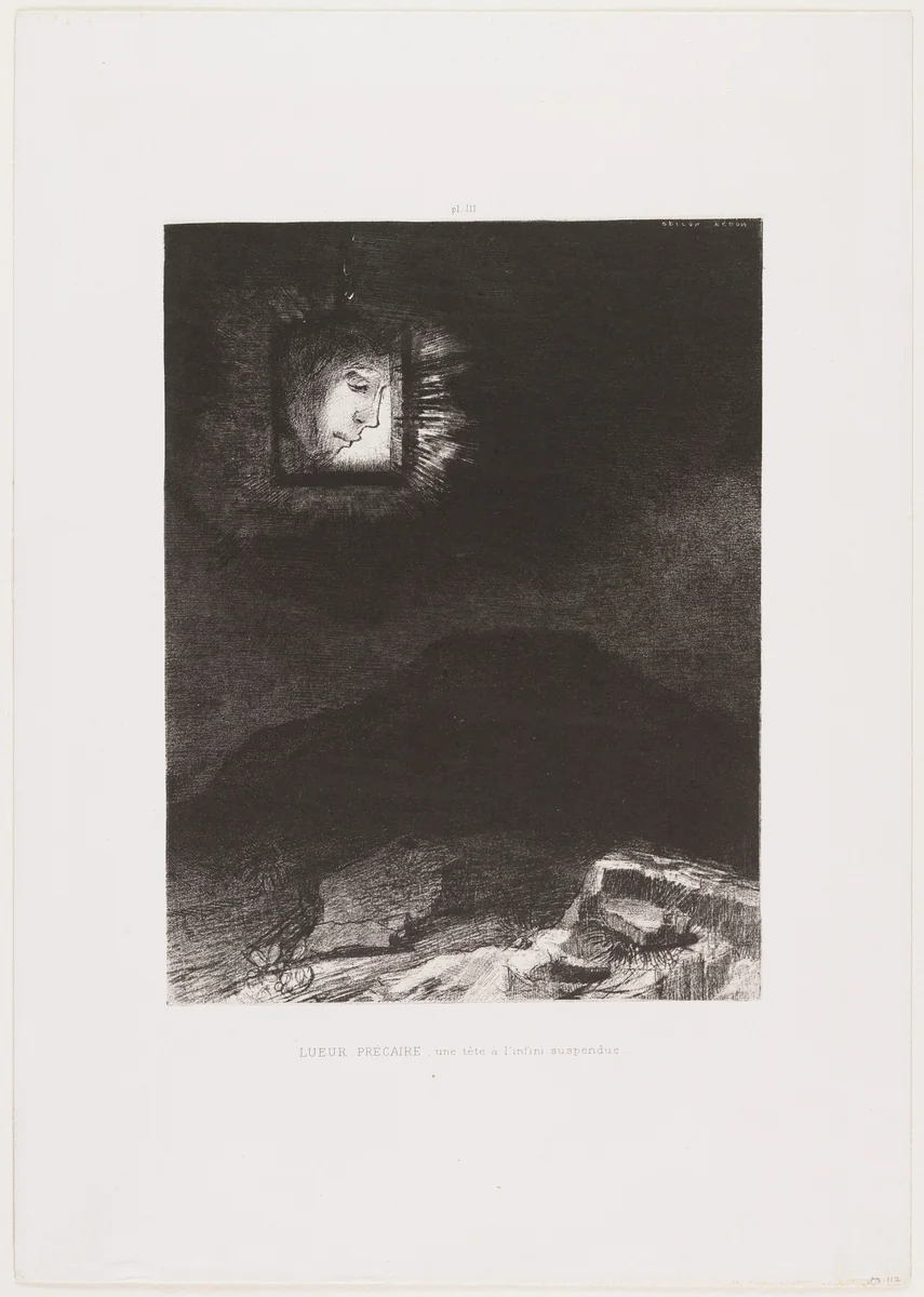 Precarious Glimmering, a Head Suspended in Infinity (Lueur précaire, une tête a l'infini suspendue) from Dreams (Songes) by Odilon Redon, print, 1891