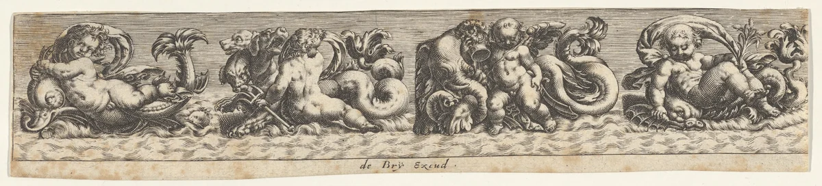 Frieze with Sea Monsters by Johann Theodor de Bry, print, 1580-1600