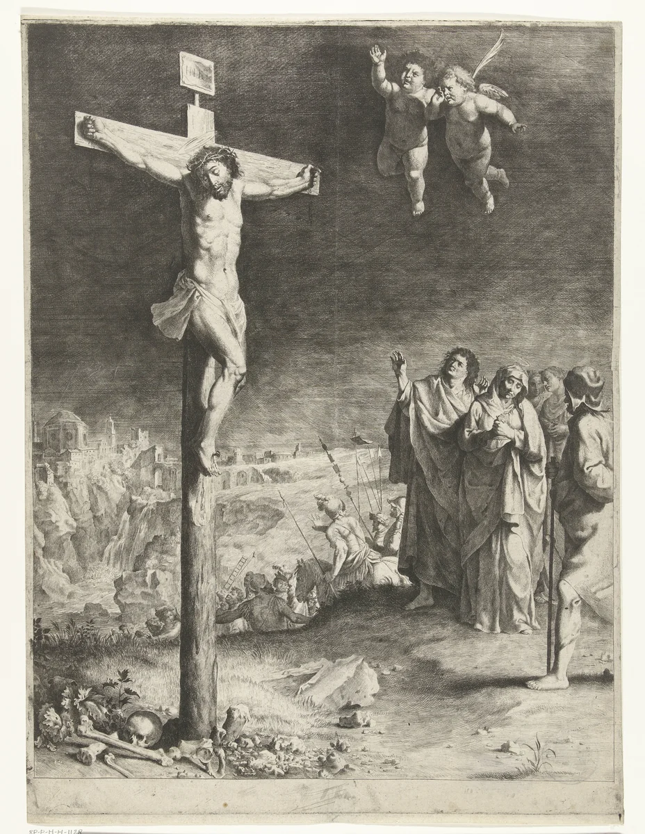 Christus aan het kruis met treurende Maria en Johannes by Jan Gerritsz. van Bronckhorst, print, 1613-1661