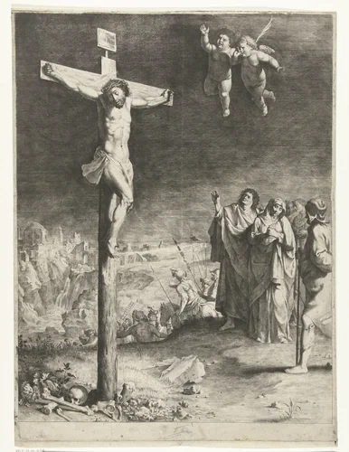 Christus aan het kruis met treurende Maria en Johannes by Jan Gerritsz. van Bronckhorst, print, 1613-1661