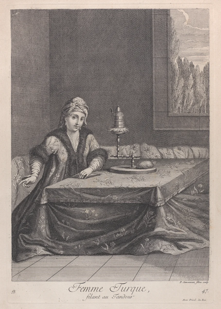 Femme Turque, filant au Tandour, plate 47 from "Recueil de cent estampes représentent differentes nations du Levant" by Jean Baptiste Vanmour, print, 1714-1715