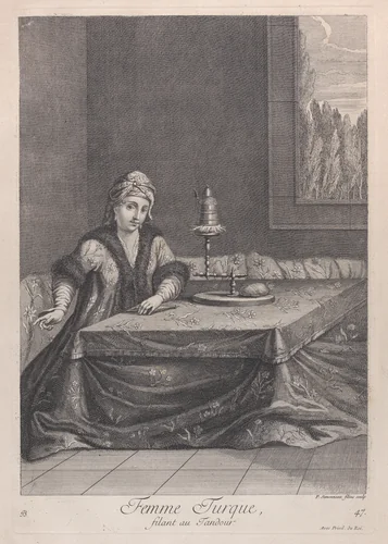 Femme Turque, filant au Tandour, plate 47 from "Recueil de cent estampes représentent differentes nations du Levant" by Jean Baptiste Vanmour, print, 1714-1715