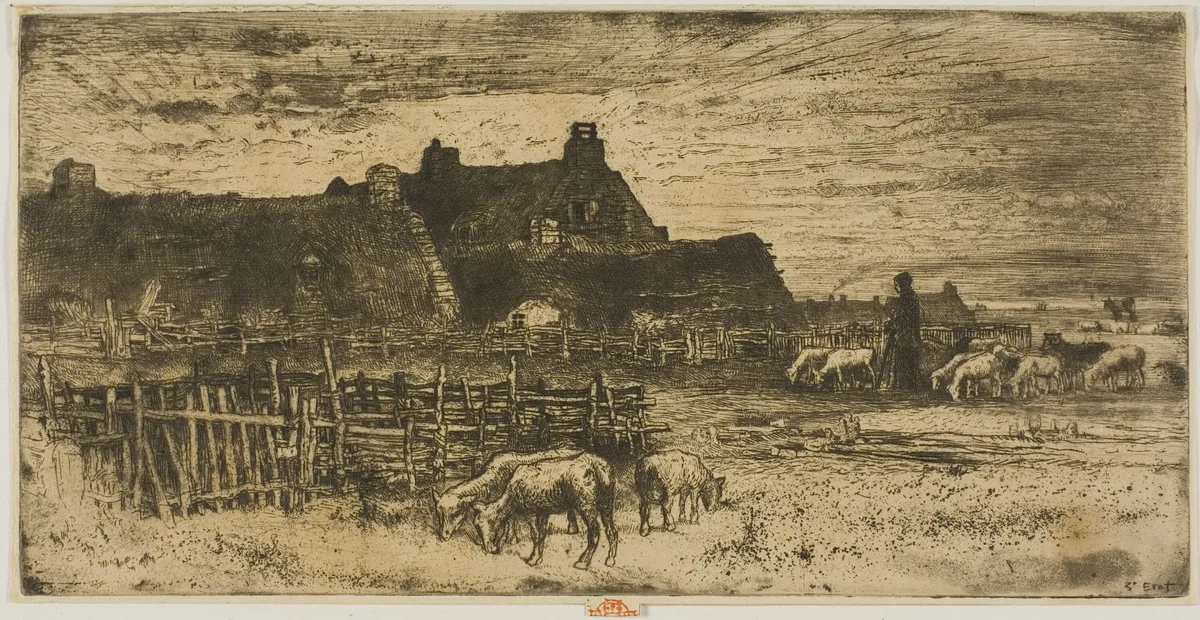 Sheepfold at Sunset by Félix Hilaire Buhot, print, 1881