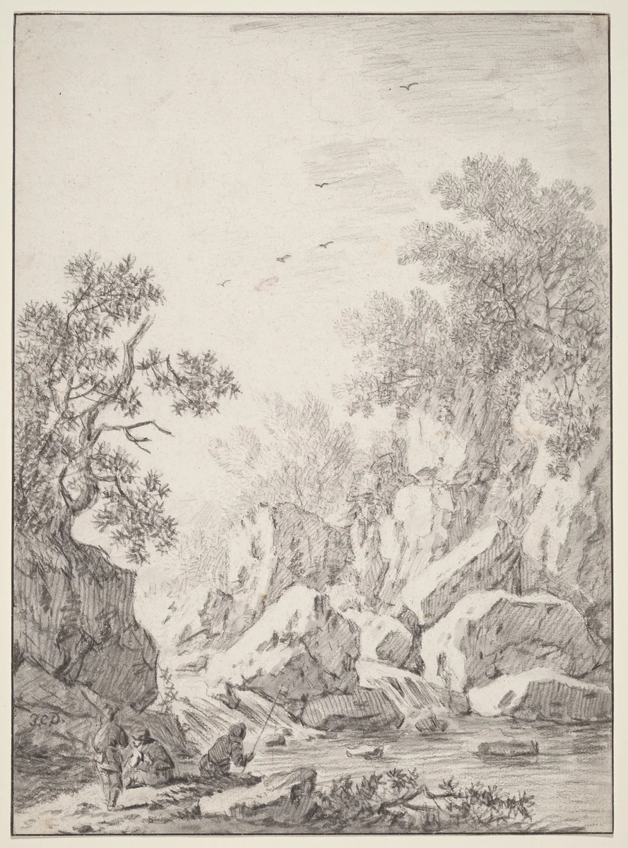 A Waterfall by Rock Cliffs by Johann Christoph Dietzsch, drawing, 1750-1759