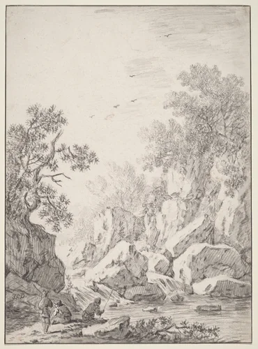 A Waterfall by Rock Cliffs by Johann Christoph Dietzsch, drawing, 1750-1759
