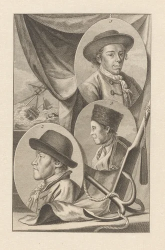 Portretten van de zeehelden Boussard en de gebroeders Naerebout by anonymous, print, 1780