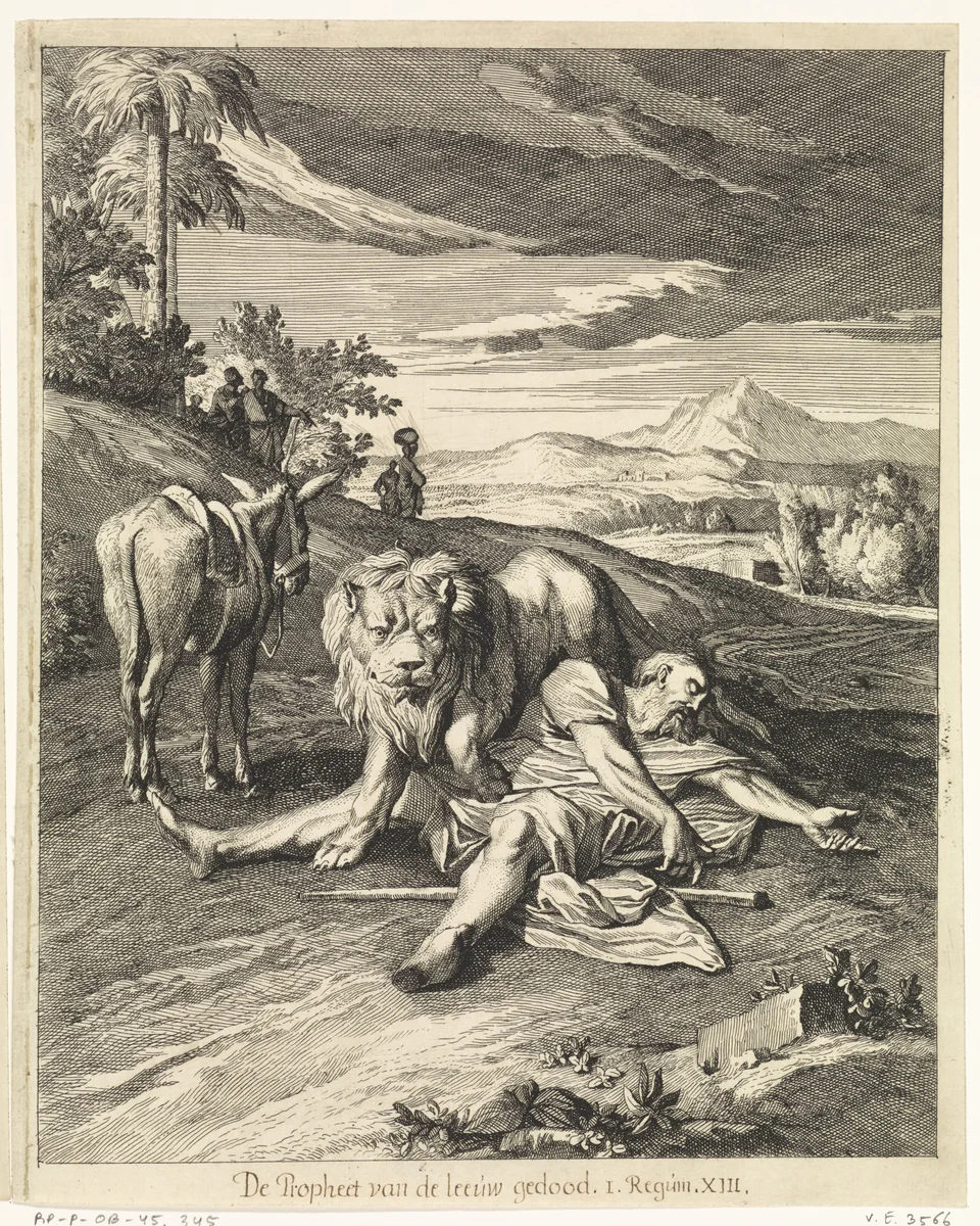 Straf van de ongehoorzame profeet by Caspar Luyken, print, 1708