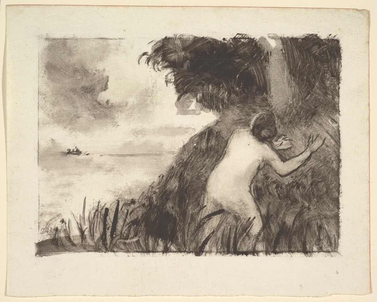 Bather Standing Among Grasses at the Shore by Camille Pissarro, print, 1889-1899