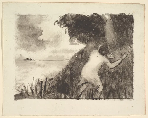 Bather Standing Among Grasses at the Shore by Camille Pissarro, print, 1889-1899